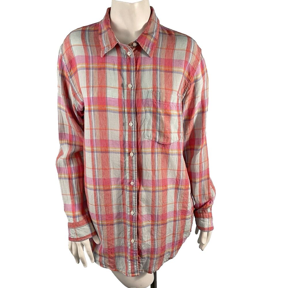 Gap Womens L 100% Linen Boyfriend Shirt Plaid Preppy Resort Summer Cottage Lagen